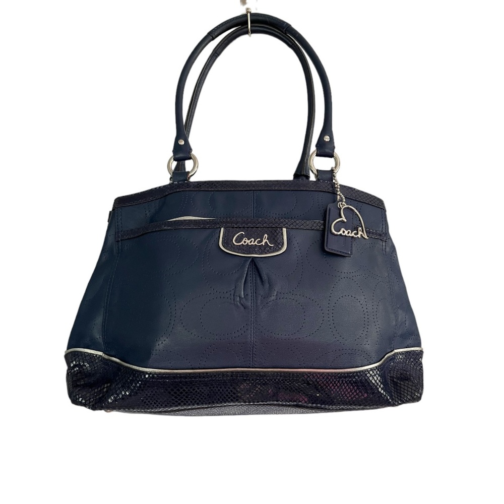 Coach Park Elevated Navy Leather Snakeskin Trim Carryall Shoulder Bag